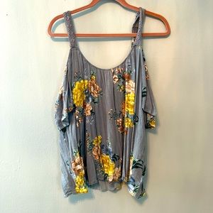 Stone grey, floral crinkled gauze torrid blouse.